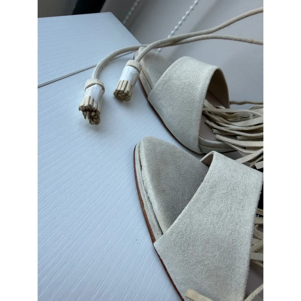 Zara Beige Faux Suede Fringe Lace Up Tassel Stiletto Heeled Sandals Size 8  NWT